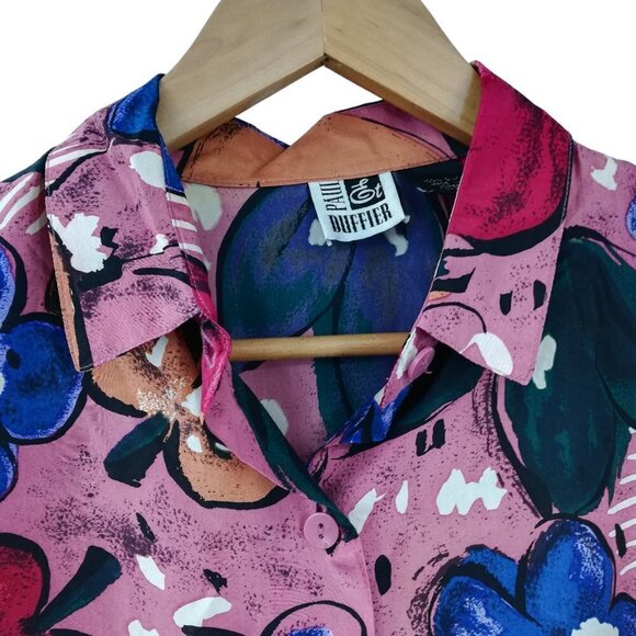 Vintage Paul Et Duffier Silk Button Front Abstract Short Sleeve Blouse Size M - Picture 3 of 10